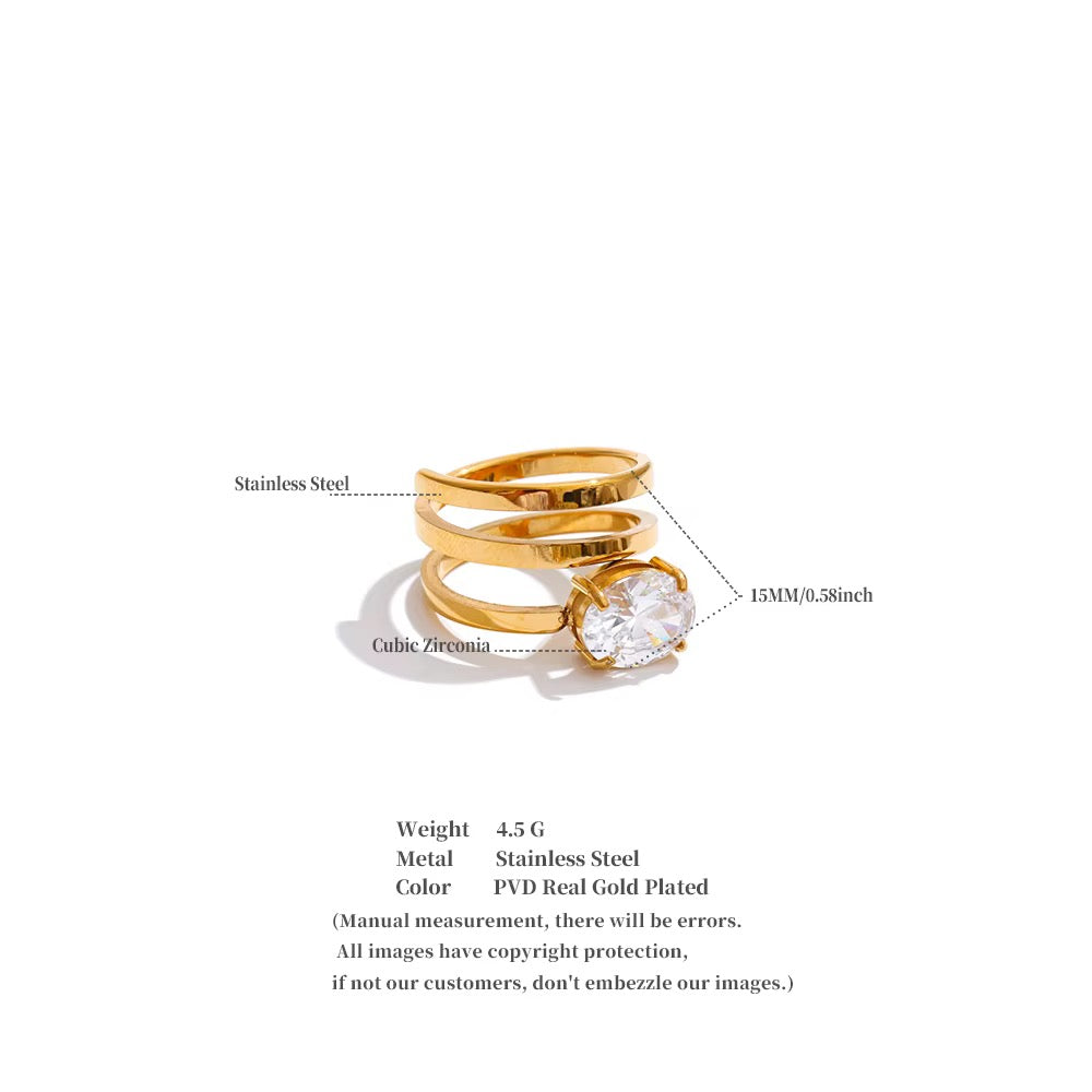 18K Real Gold plated Hypoallergenic Multi Layer Hollow Big Cubic Zirconia Stainless Steel Ring