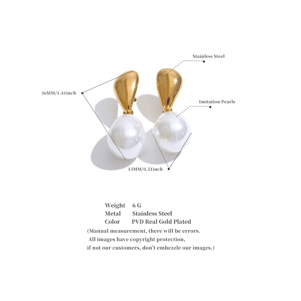18K Gold Plated Simulated Pearls Drop Earrings Stainless Steel Pendant Earrings