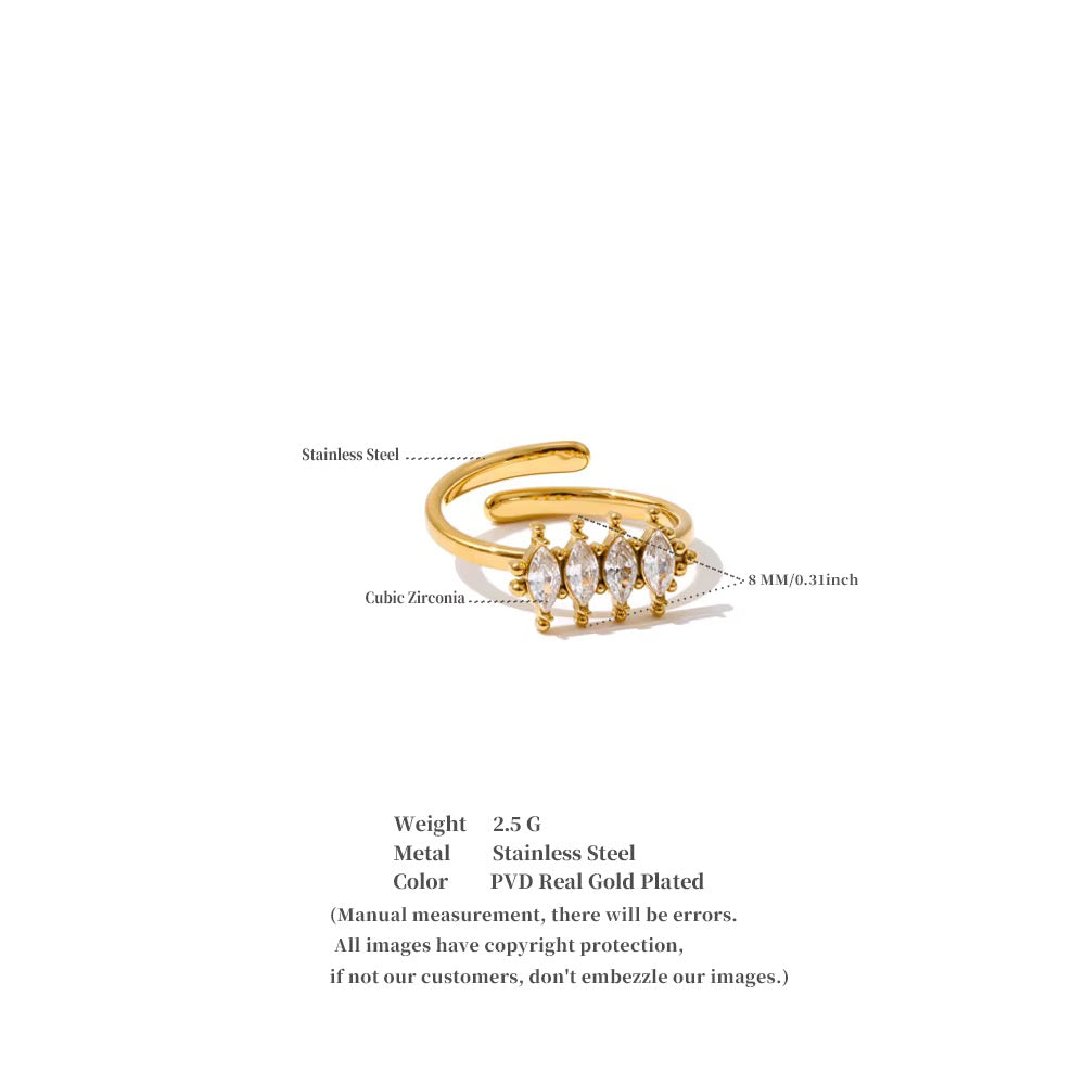Rhombic Cubic Zirconia 16K Gold Plated Waterproof Stainless Steel Adjustable Ring
