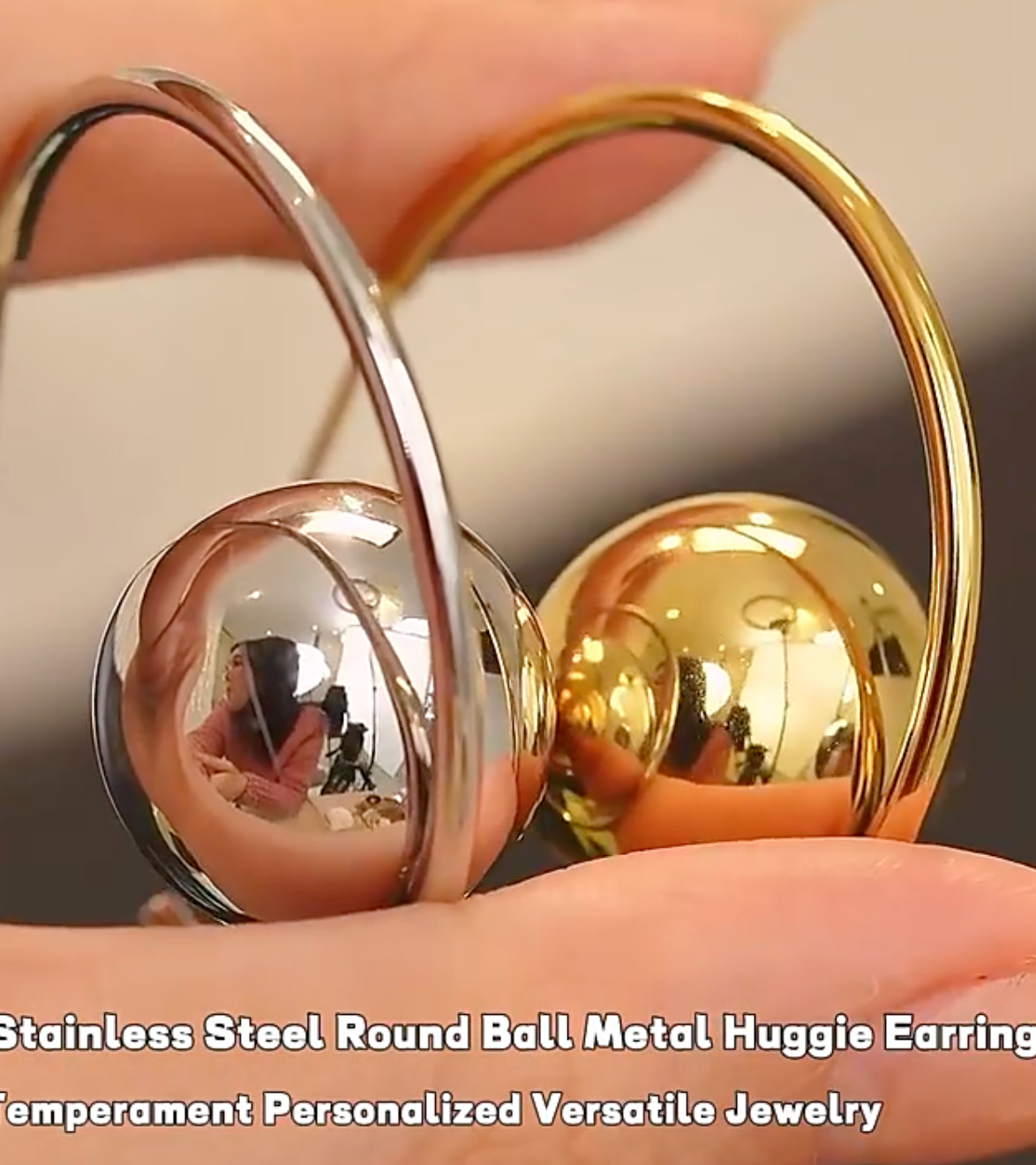 Round Ball Metal Huggie Earrings Gold Silver 18K Real Gold Plated