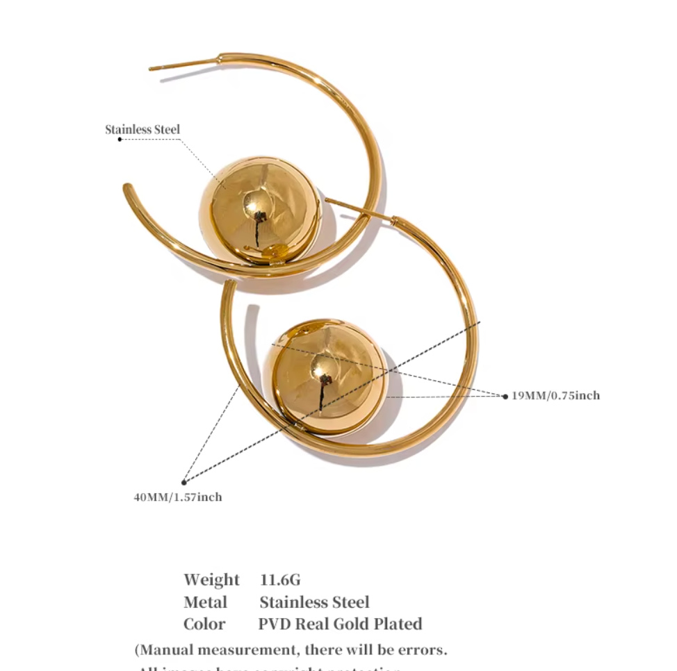 Round Ball Metal Huggie Earrings Gold Silver 18K Real Gold Plated