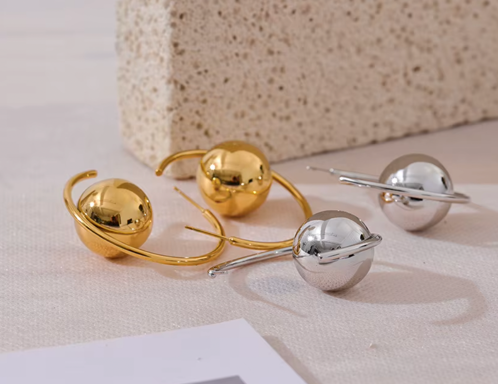 Round Ball Metal Huggie Earrings Gold Silver 18K Real Gold Plated