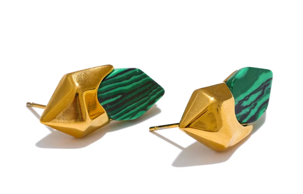 Malachite Stone Geometric Green Stud Earrings 18K Real Gold Plated