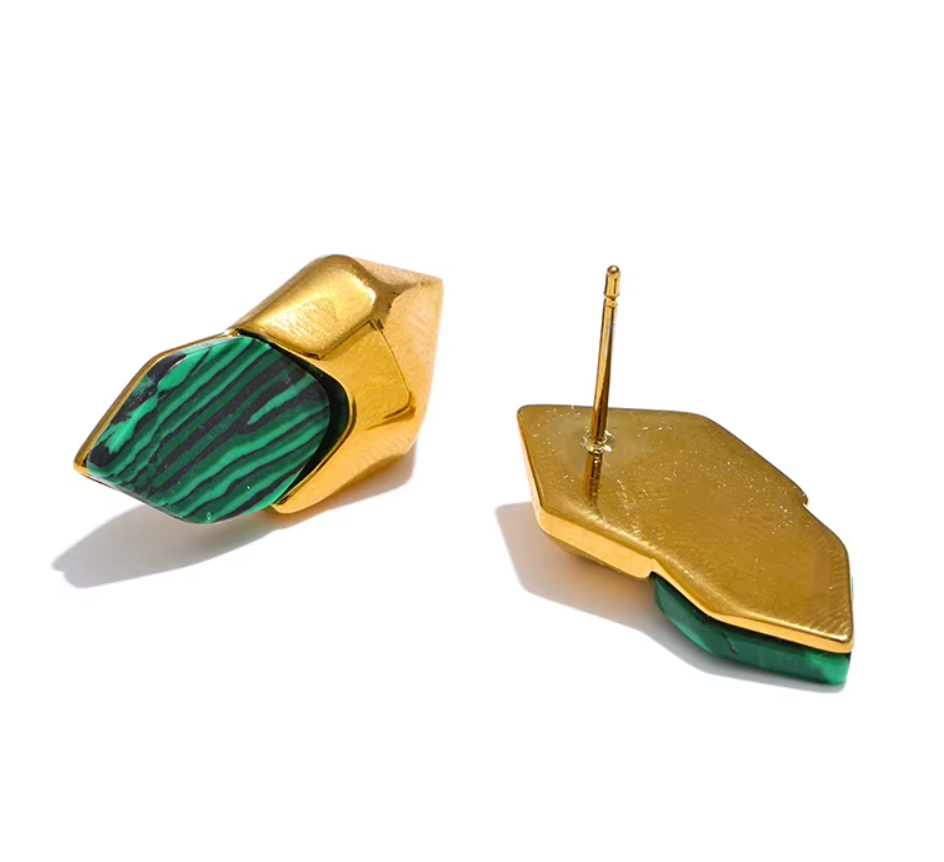 Malachite Stone Geometric Green Stud Earrings 18K Real Gold Plated