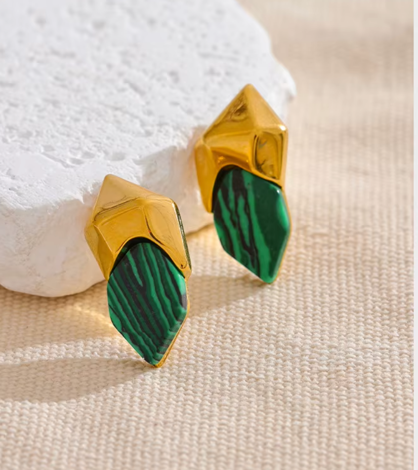 Malachite Stone Geometric Green Stud Earrings 18K Real Gold Plated