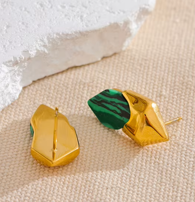 Malachite Stone Geometric Green Stud Earrings 18K Real Gold Plated