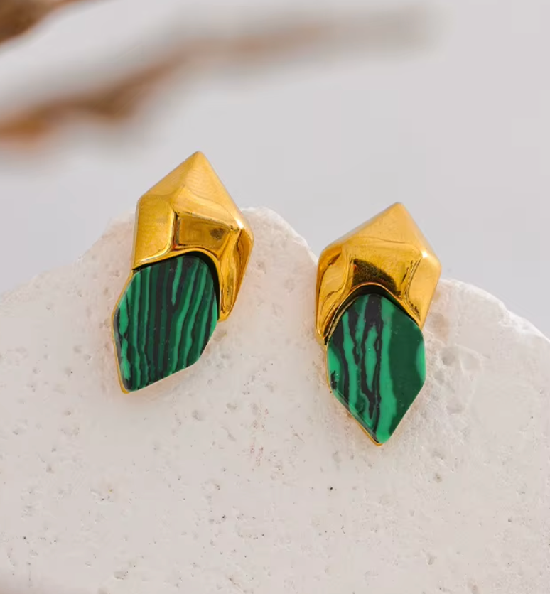 Malachite Stone Geometric Green Stud Earrings 18K Real Gold Plated