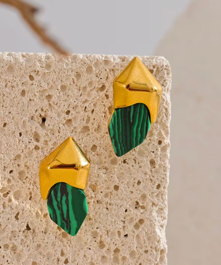 Malachite Stone Geometric Green Stud Earrings 18K Real Gold Plated