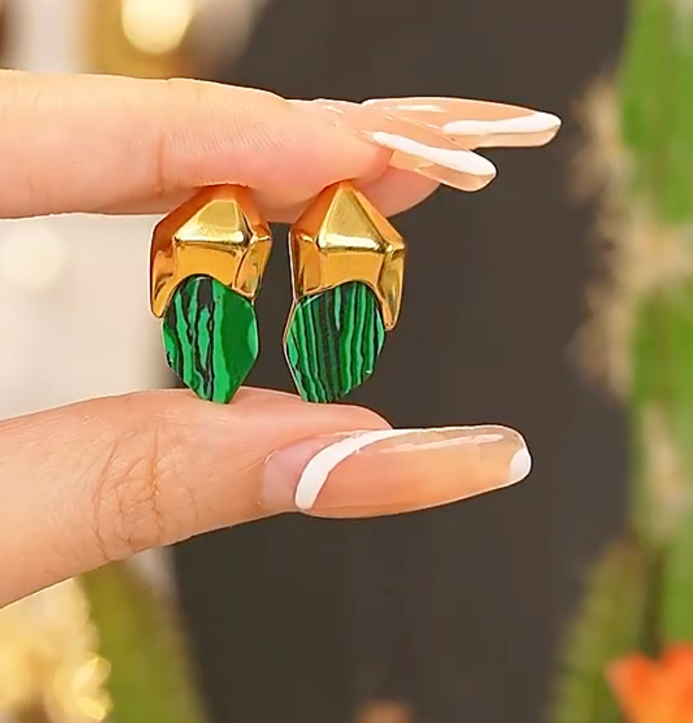 Malachite Stone Geometric Green Stud Earrings 18K Real Gold Plated