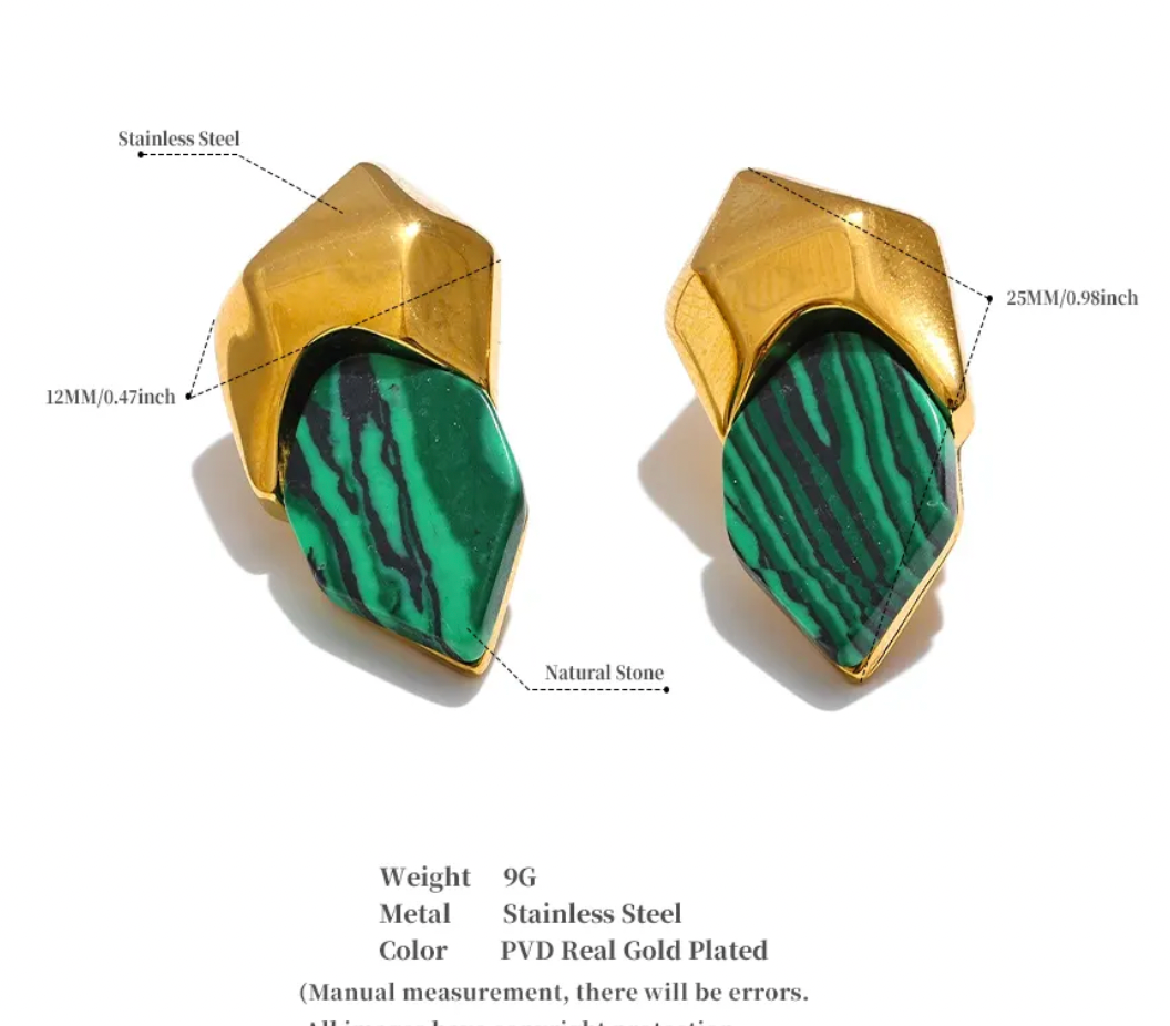 Malachite Stone Geometric Green Stud Earrings 18K Real Gold Plated