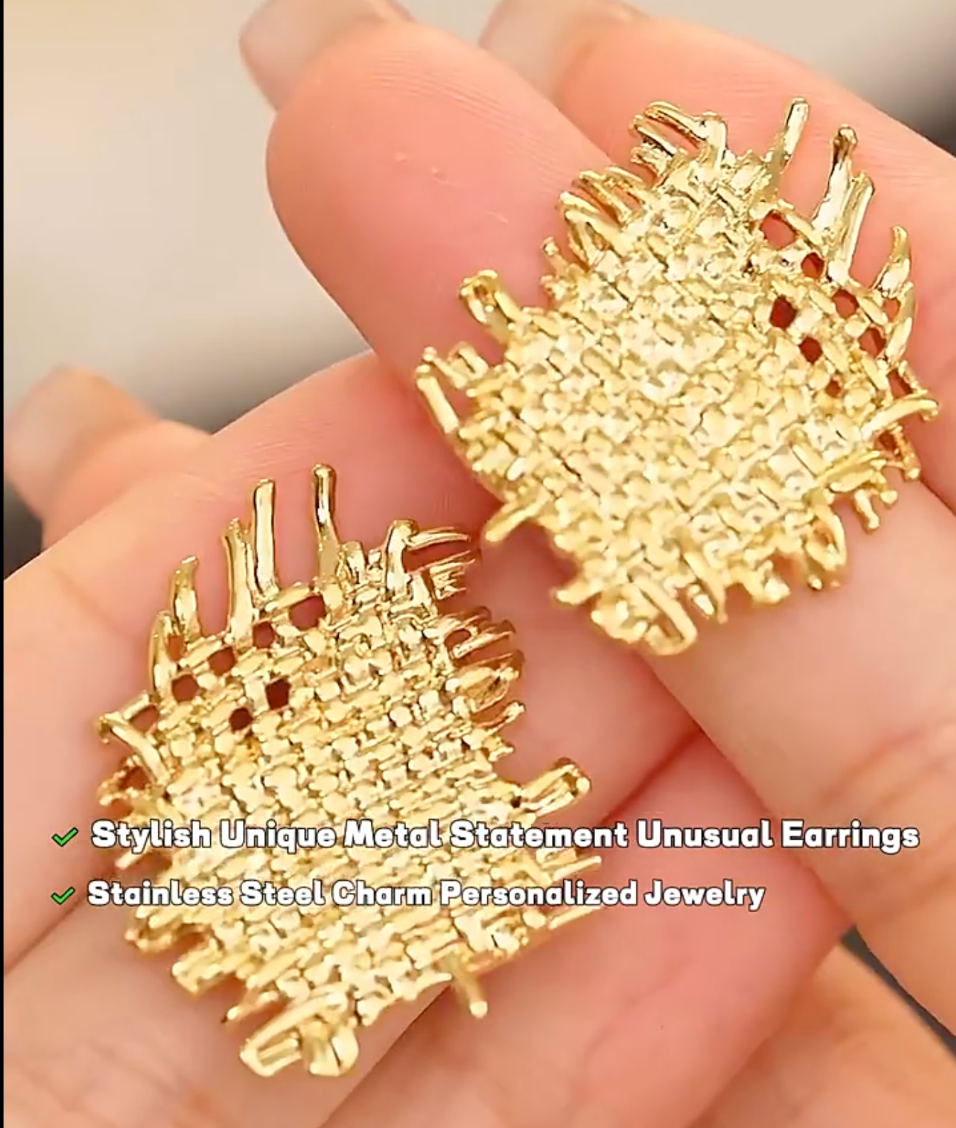 Unique Metal Geometric Statement Unusual 18K Gold Plated
