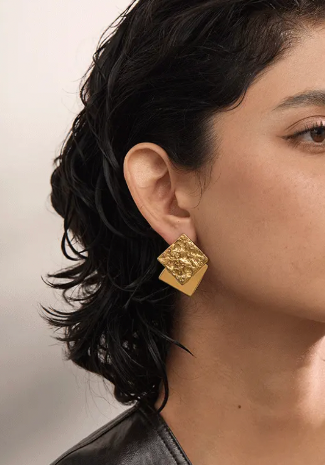Hammer Square 18K Real Gold Plated Earrings