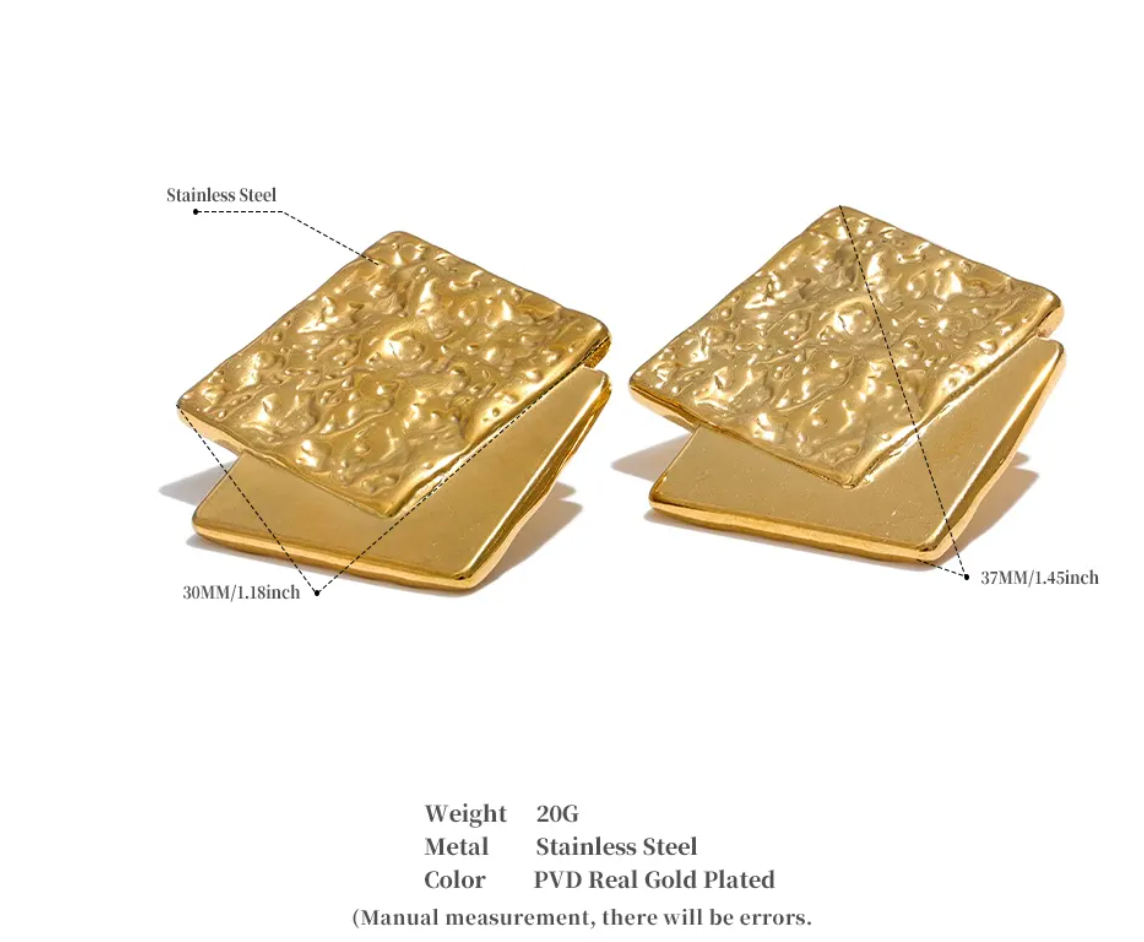 Hammer Square 18K Real Gold Plated Earrings