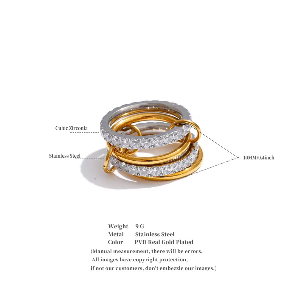 18K Gold Plated Stainless Steel Waterproof Stacked layer Cubic Zirconia Ring Set