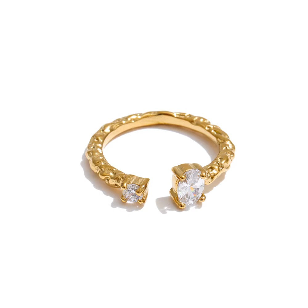 18K Gold Plated Textured Waterproof Stainless Steel Cubic Zirconia Adjustable Ring
