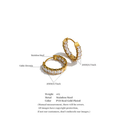18K Gold Plated Square Cut Cubic Zirconia Hoop Stainless Steel Dangle Earrings