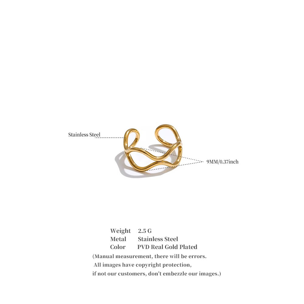 18K Gold Plated Hypoallergenic Minimalist Wavy Twisted Band Cuff Stainless Steel Adjustable Ring