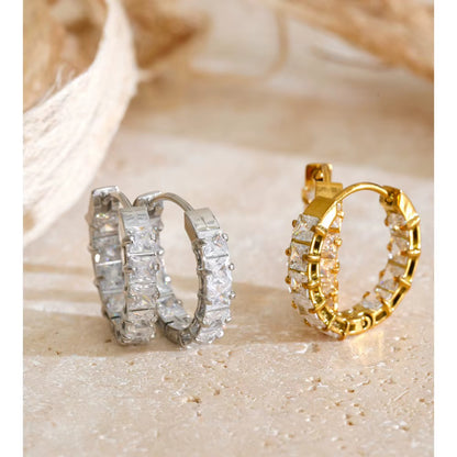 18K Gold Plated Square Cut Cubic Zirconia Hoop Stainless Steel Dangle Earrings