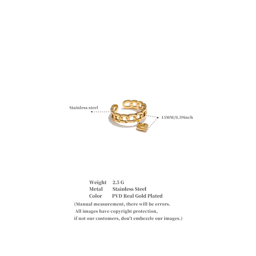18K Gold Plated Hypoallergenic Chain Heart Adjustable Stainless Steel Ring