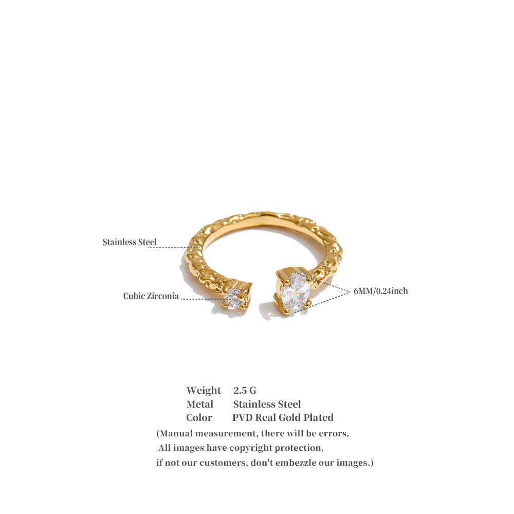 18K Gold Plated Textured Waterproof Stainless Steel Cubic Zirconia Adjustable Ring