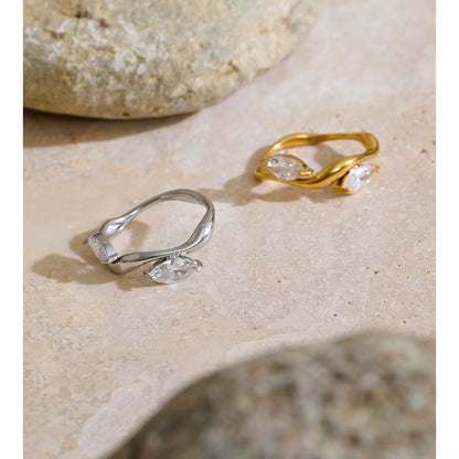 18K Gold Plated Waterproof Leaf Cubic Zirconia Stainless Steel Ring