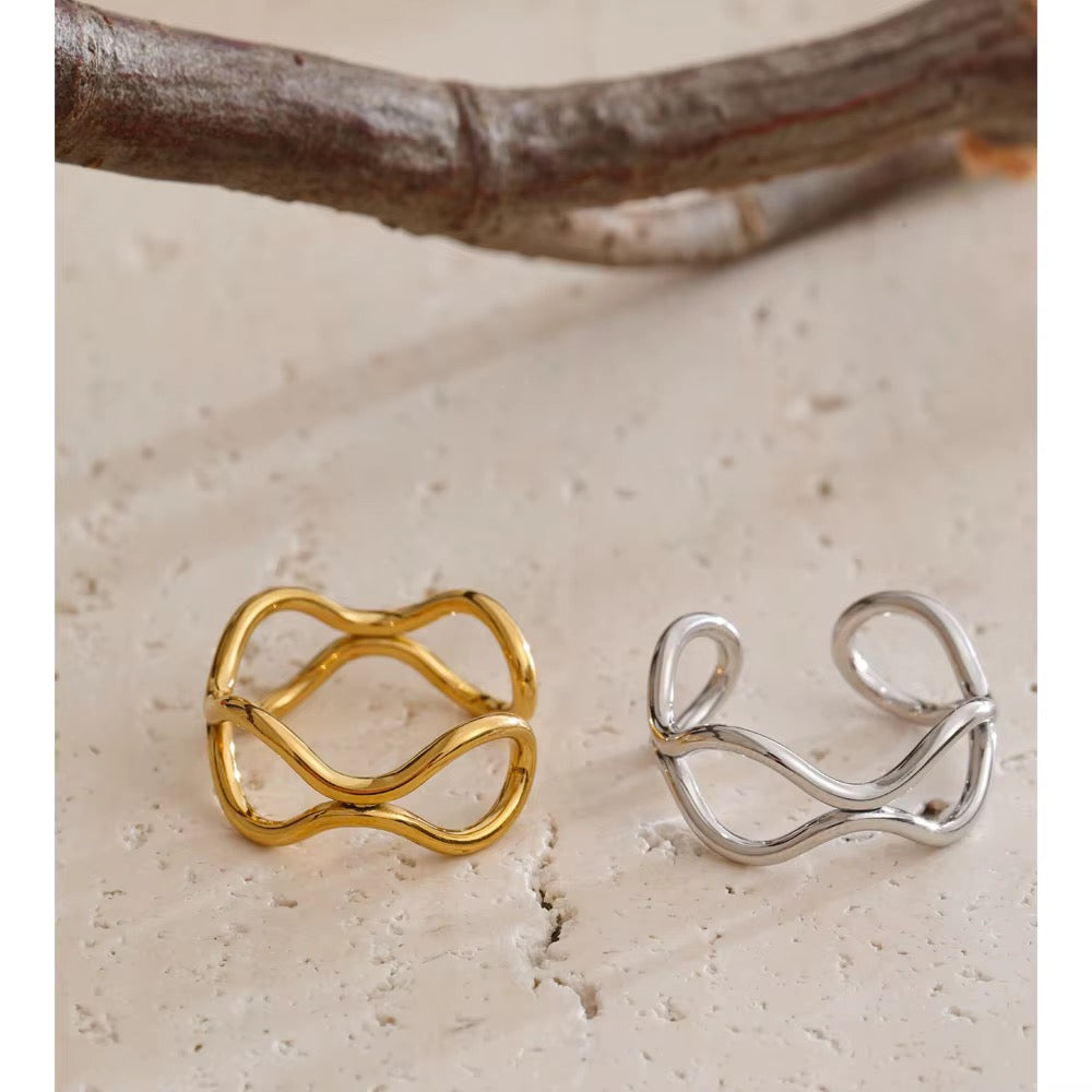 18K Gold Plated Hypoallergenic Minimalist Wavy Twisted Band Cuff Stainless Steel Adjustable Ring
