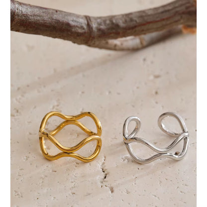 18K Gold Plated Hypoallergenic Minimalist Wavy Twisted Band Cuff Stainless Steel Adjustable Ring