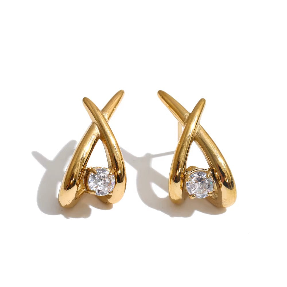 Luxury 18K Gold Plated Waterproof Stainless Steel Geometric X Sparkling Cubic Zirconia Earrings
