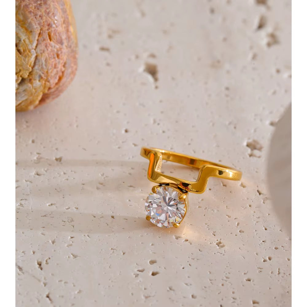 Real Gold Plated Stainless Steel Oval cutout Band inlaid Cubic Zirconia Ring