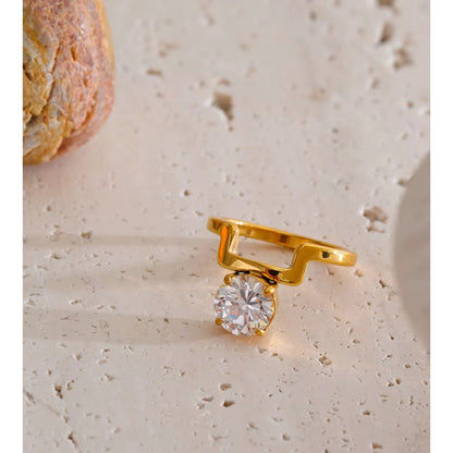Real Gold Plated Stainless Steel Oval cutout Band inlaid Cubic Zirconia Ring