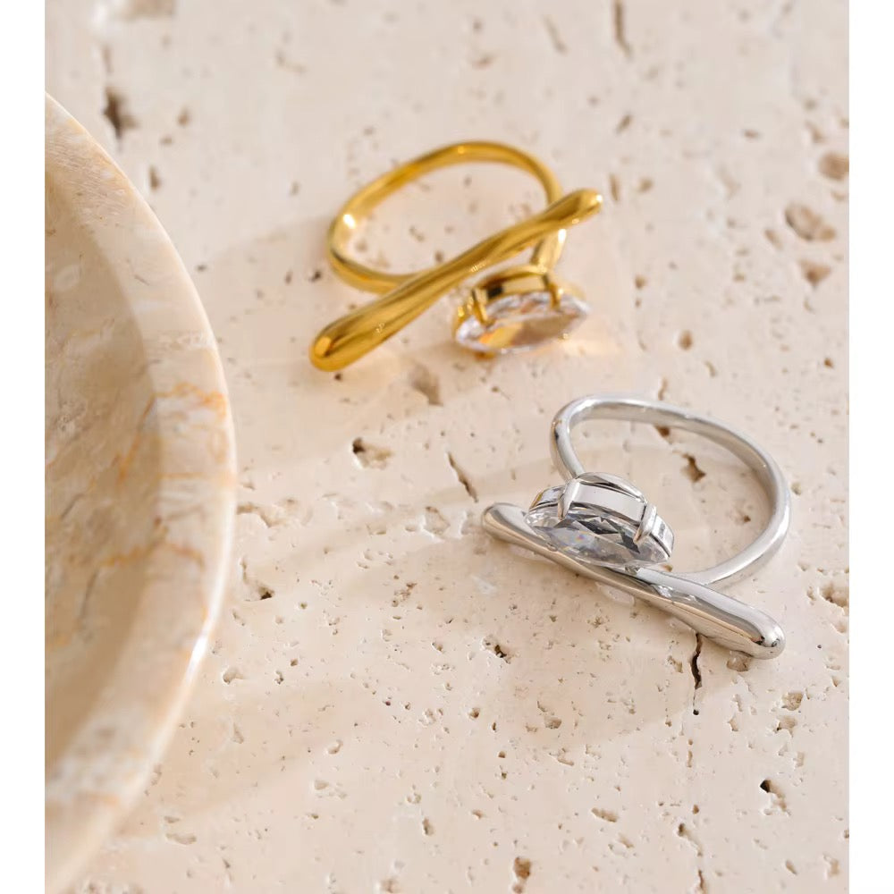 18K Gold Plated Hypoallergenic Dainty Stainless Steel Cubic Zirconia Adjustable Ring