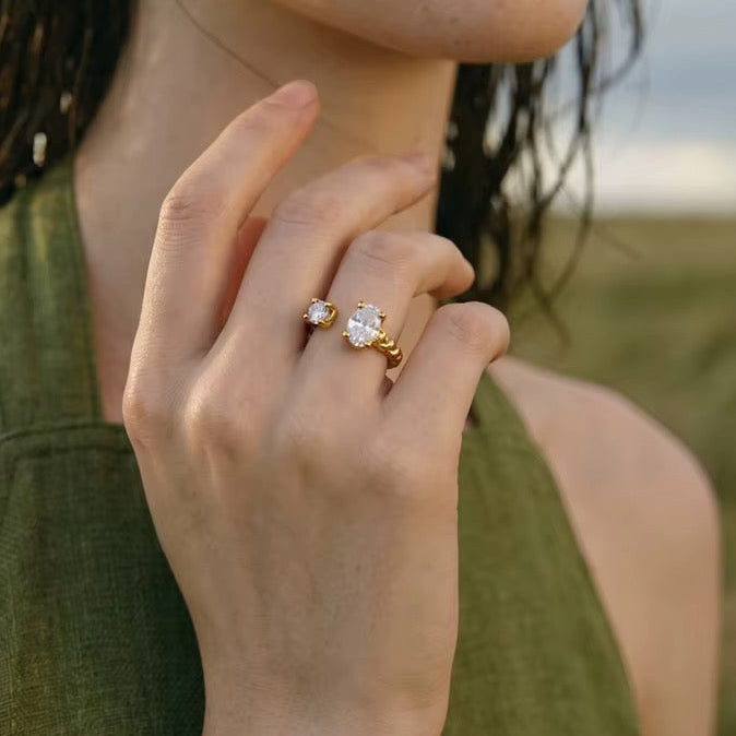 18K Gold Plated Textured Waterproof Stainless Steel Cubic Zirconia Adjustable Ring