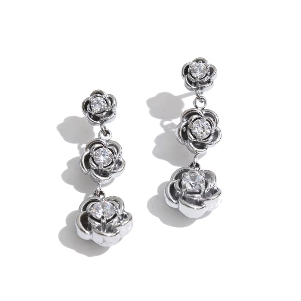 18K Gold Plated Three Rose Petals Cubic Zirconia Stainless Steel Dangle Earrings