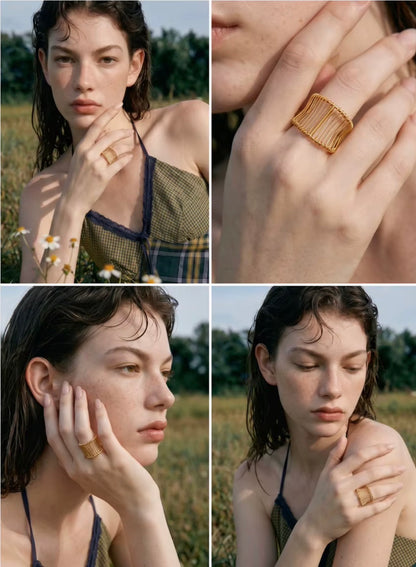 18K Gold Plated Stainless Steel Mesh Textured Abstract Multi layer Open Ring