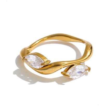 18K Gold Plated Waterproof Leaf Cubic Zirconia Stainless Steel Ring