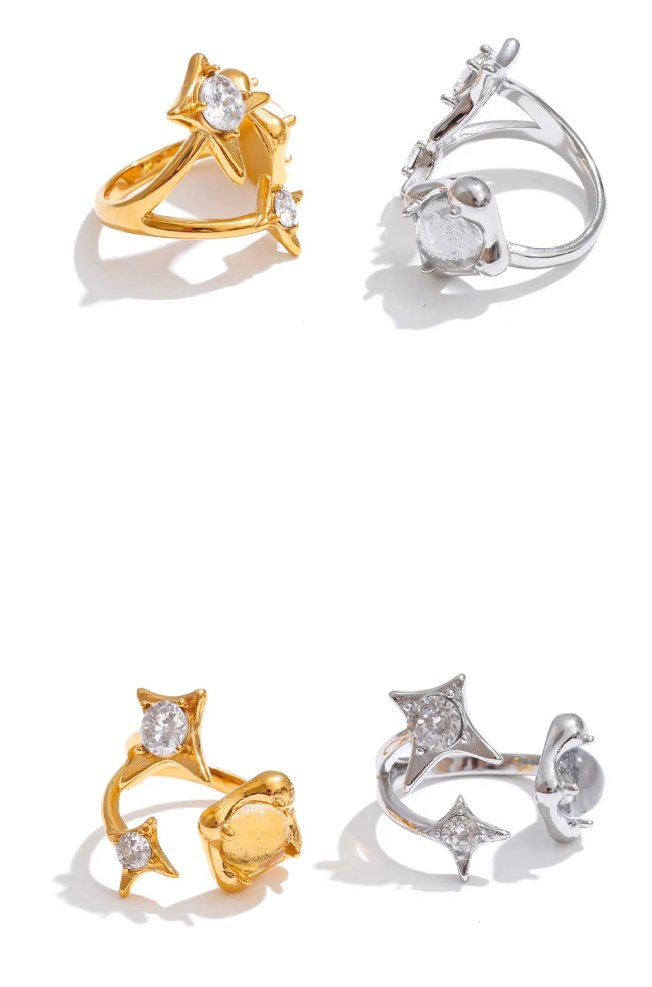 18K Gold Plated French style Waterproof Stainless Steel Sparkling star Cubic Zirconia Adjustable Ring