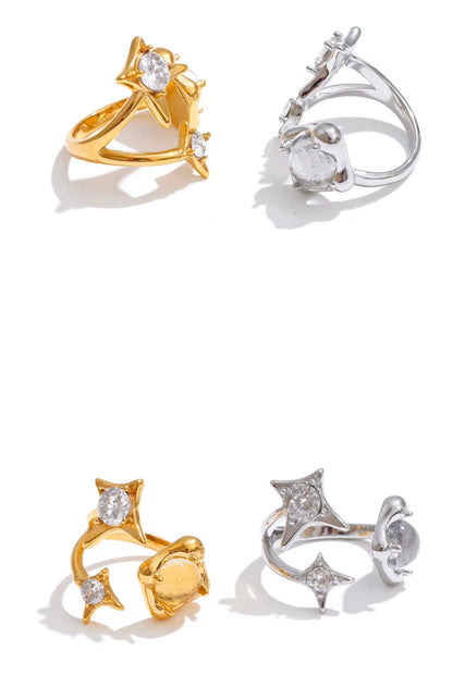 18K Gold Plated French style Waterproof Stainless Steel Sparkling star Cubic Zirconia Adjustable Ring