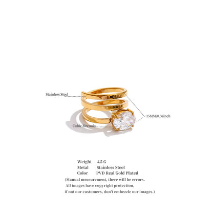 18K Real Gold plated Hypoallergenic Multi Layer Hollow Big Cubic Zirconia Stainless Steel Ring