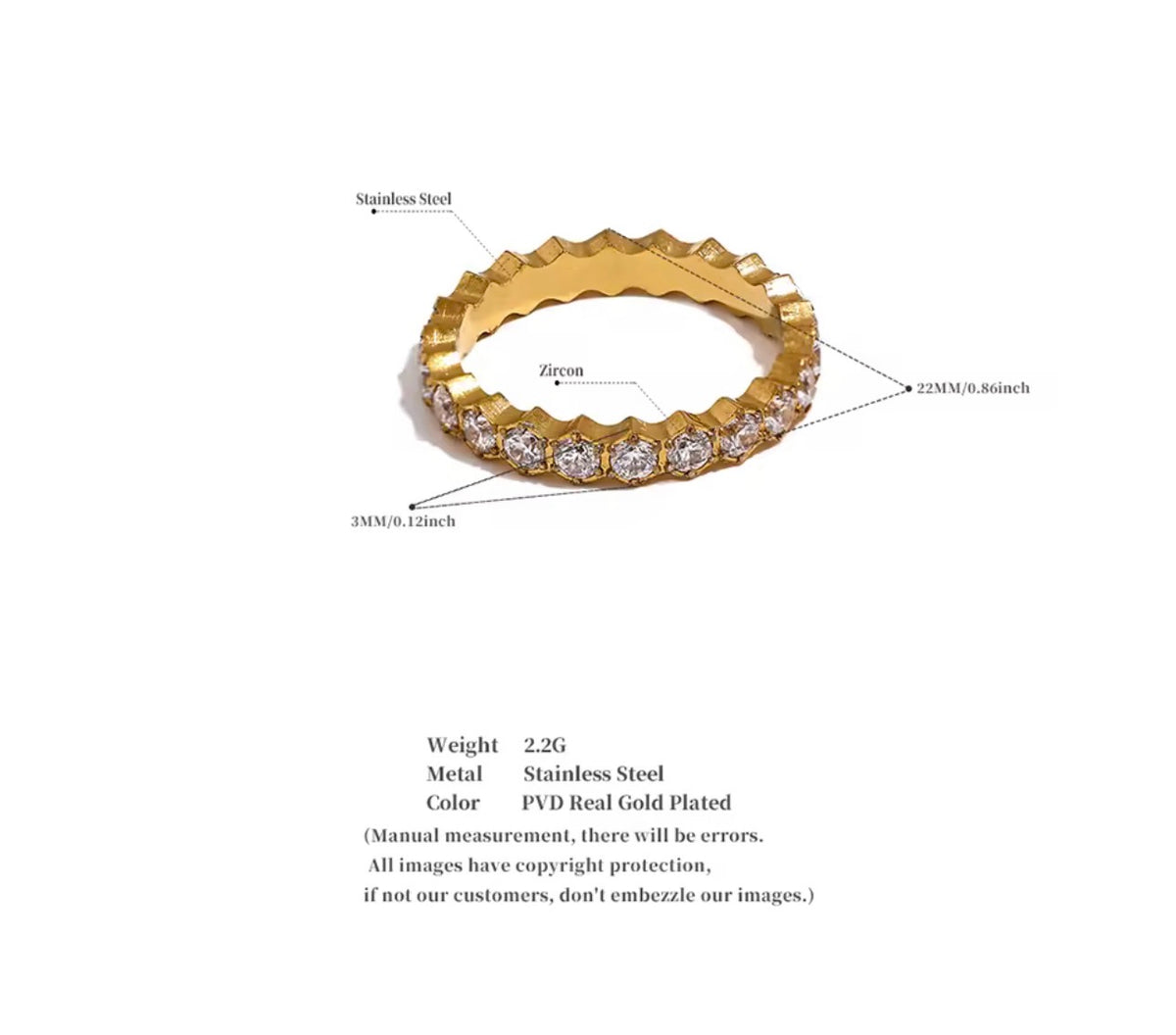 18K Gold Plated Waterproof Stainless Steel Exquisite Cubic Zirconia Adjustable Ring