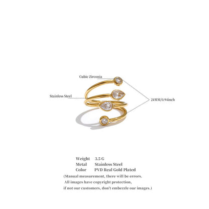 18K Gold Plated Hypoallergenic Minimalist Wavy Twisted Band Cuff Cubic Zirconia Adjustable Ring