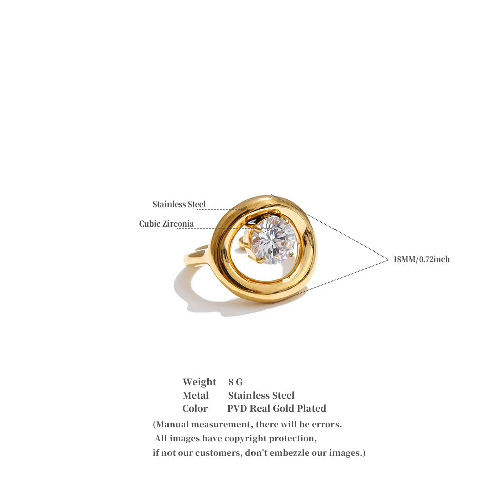 18K Gold Plated Chunky Hollow Round Cubic Zirconia Adjustable Ring