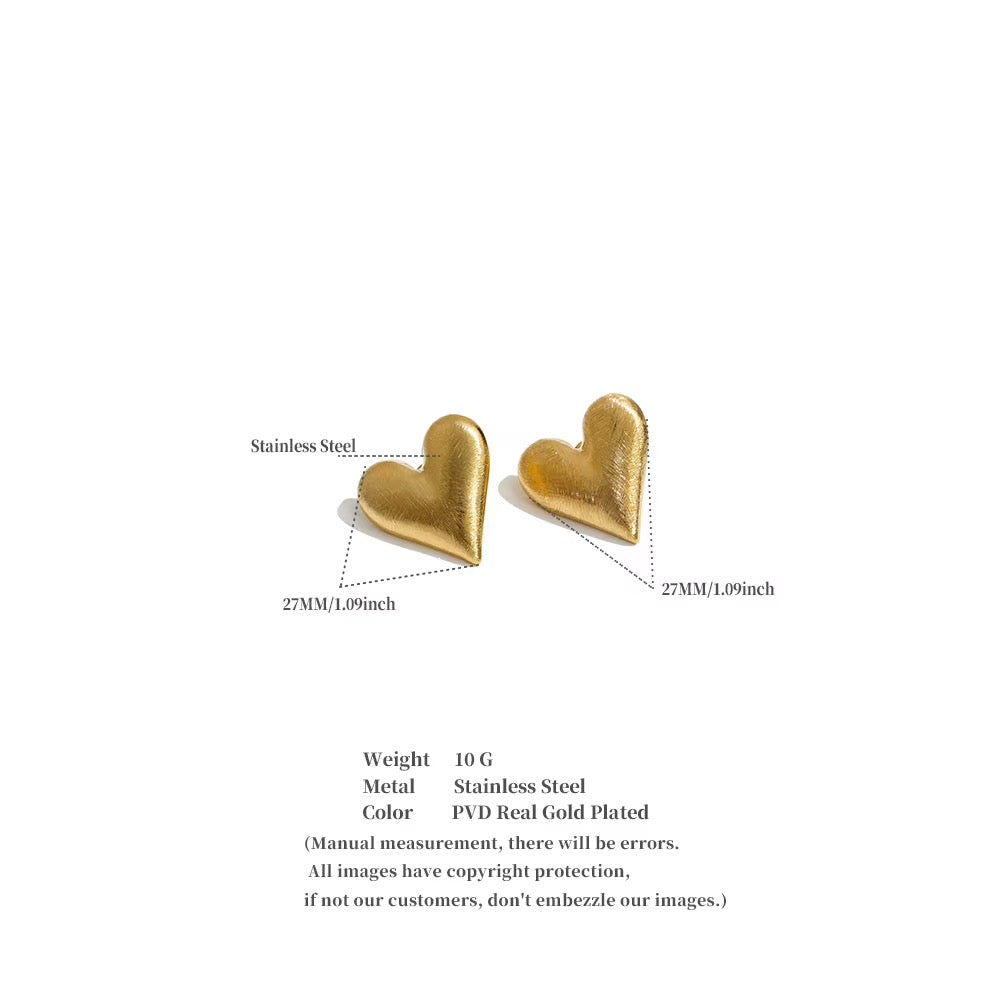 18K Gold Plated Vintage Brushed Gold Plated Stainless Steel Heart Stud Chunky Matte Earrings