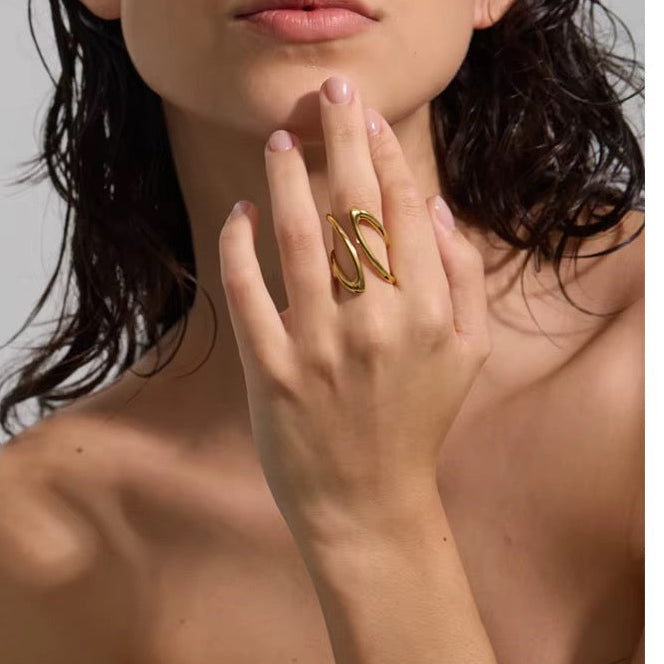 18K Gold Plated Spiral Waterproof Stainless Steel Adjustable Ring