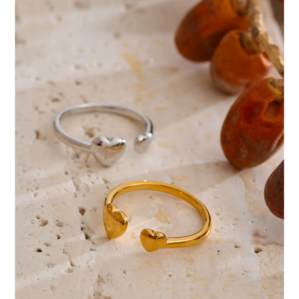 18K Gold Plated Hypoallergenic Double Heart Adjustable Stainless Steel Ring