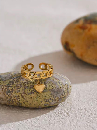 18K Gold Plated Hypoallergenic Chain Heart Adjustable Stainless Steel Ring