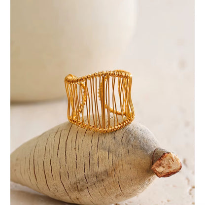 18K Gold Plated Stainless Steel Mesh Textured Abstract Multi layer Open Ring