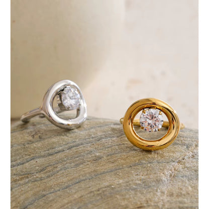 18K Gold Plated Chunky Hollow Round Cubic Zirconia Adjustable Ring