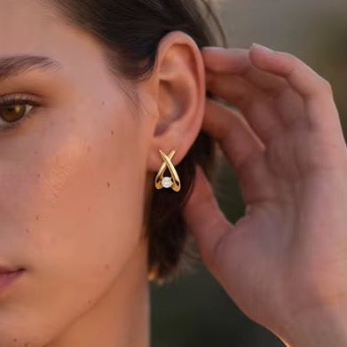 Luxury 18K Gold Plated Waterproof Stainless Steel Geometric X Sparkling Cubic Zirconia Earrings