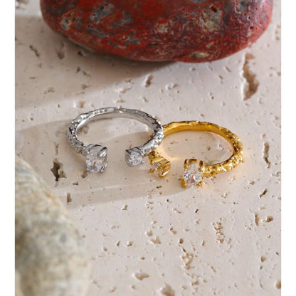 18K Gold Plated Textured Waterproof Stainless Steel Cubic Zirconia Adjustable Ring