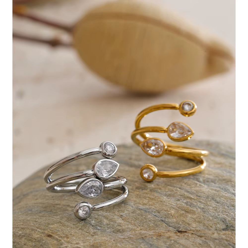 18K Gold Plated Hypoallergenic Minimalist Wavy Twisted Band Cuff Cubic Zirconia Adjustable Ring